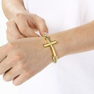 New Christian Stainless Steel Cross Link Gold Bracelet Religious w Clasp